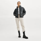 Women black Bubble Lambskin Puffer Leather V-Bomber Jacket