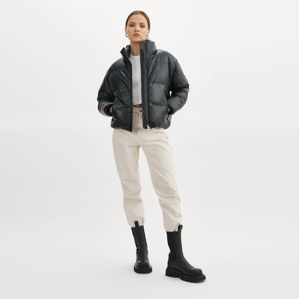 Women black Bubble Lambskin Puffer Leather V-Bomber Jacket