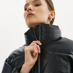 Women black Bubble Lambskin Puffer Leather V-Bomber Jacket