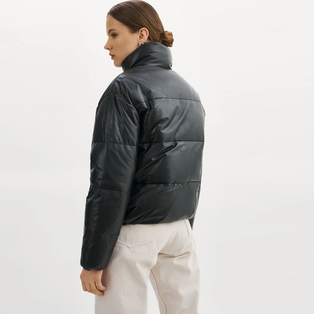 Women black Bubble Lambskin Puffer Leather V-Bomber Jacket