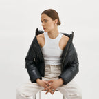 Women black Bubble Lambskin Puffer Leather V-Bomber Jacket