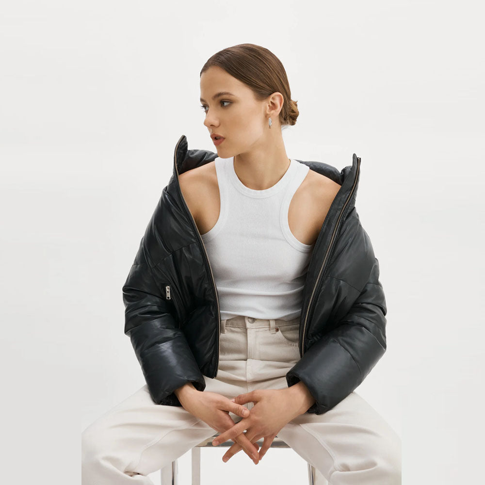 Women black Bubble Lambskin Puffer Leather V-Bomber Jacket