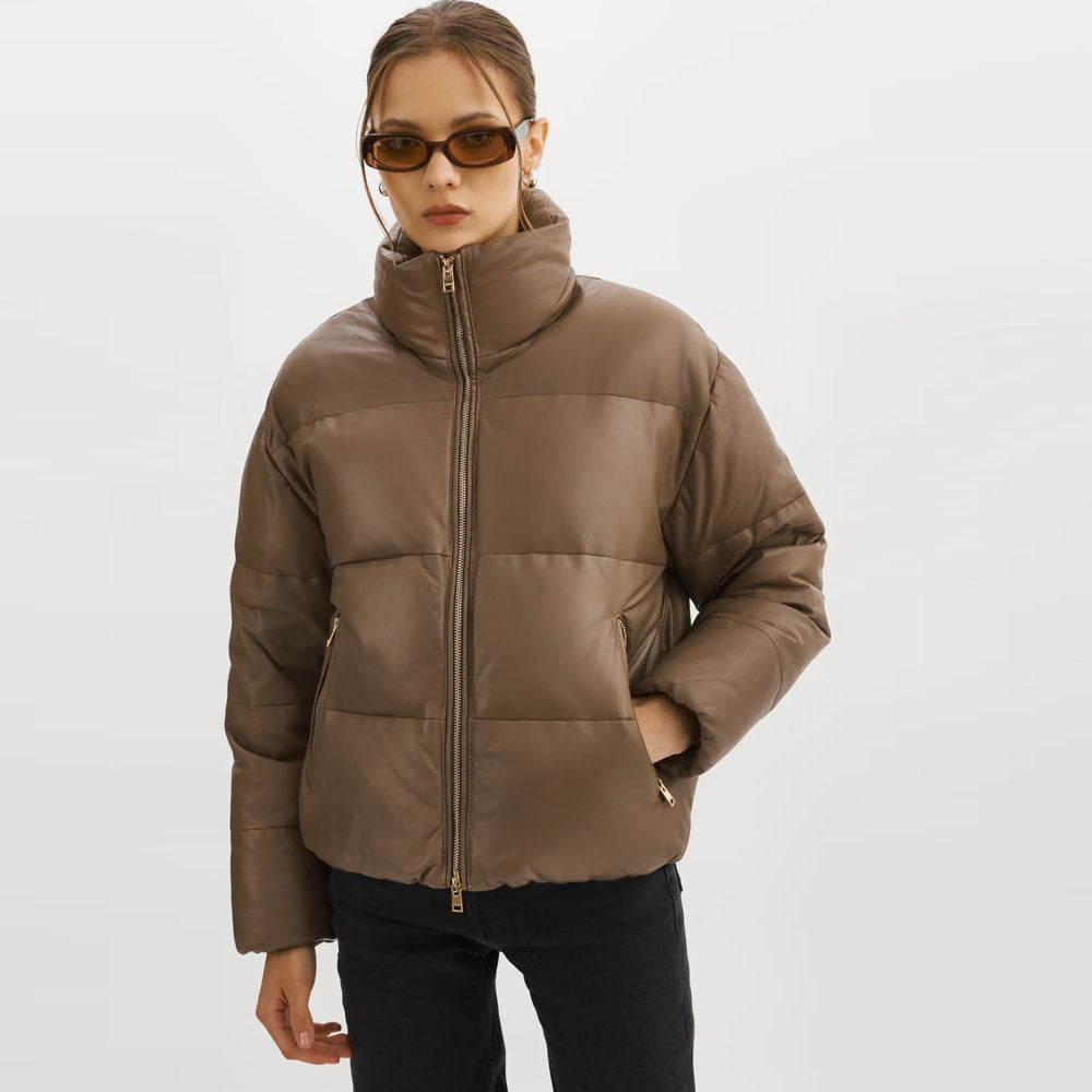 Women Brown Lambskin Puffer Bubble Leather V-Bomber Jacket