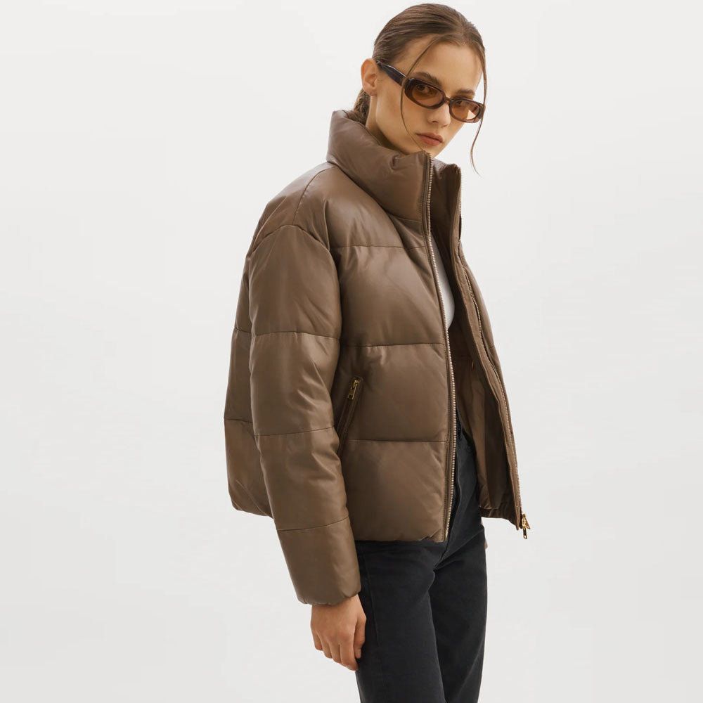Women Brown Lambskin Puffer Bubble Leather V-Bomber Jacket
