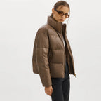 Women Brown Lambskin Puffer Bubble Leather V-Bomber Jacket