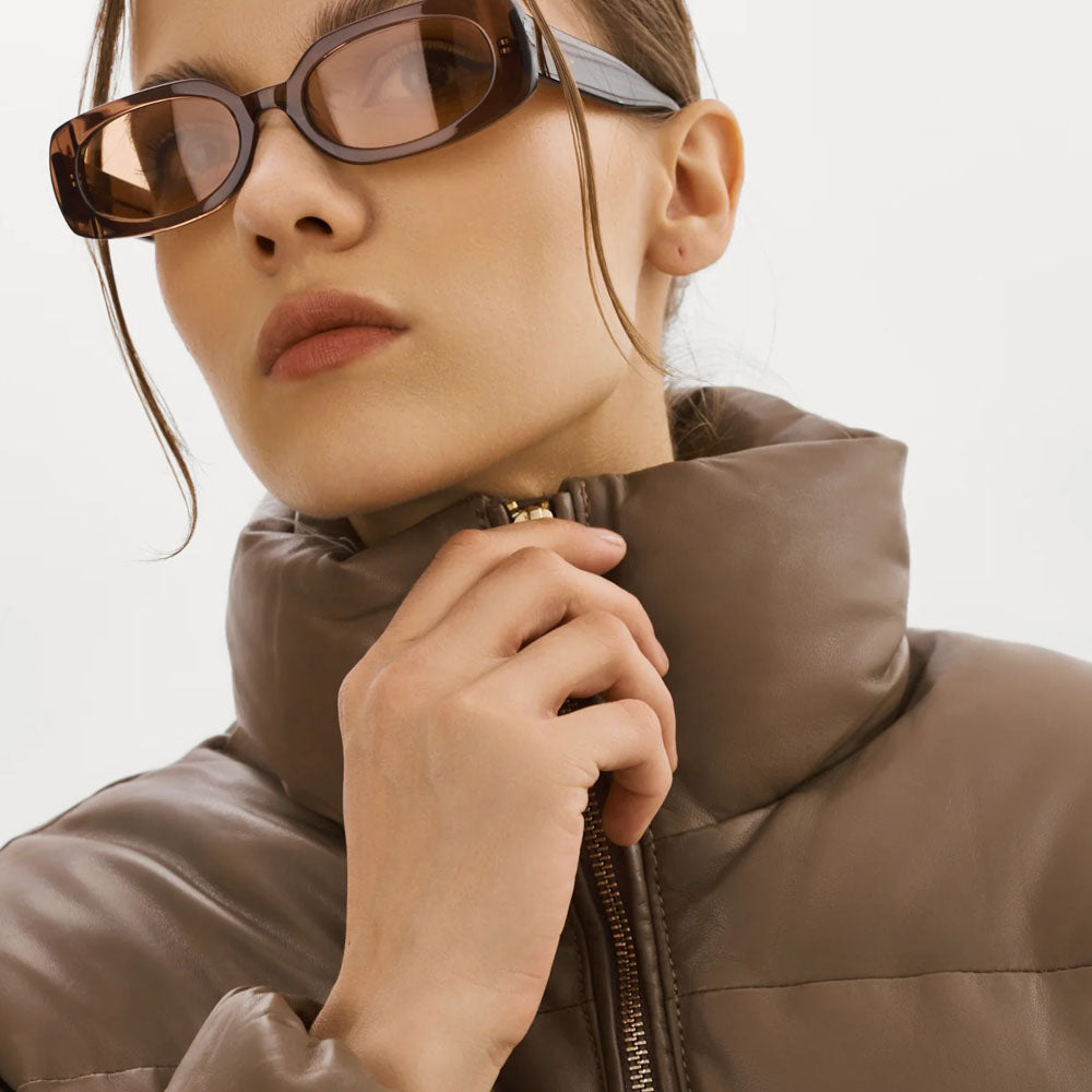 Women Brown Lambskin Puffer Bubble Leather V-Bomber Jacket