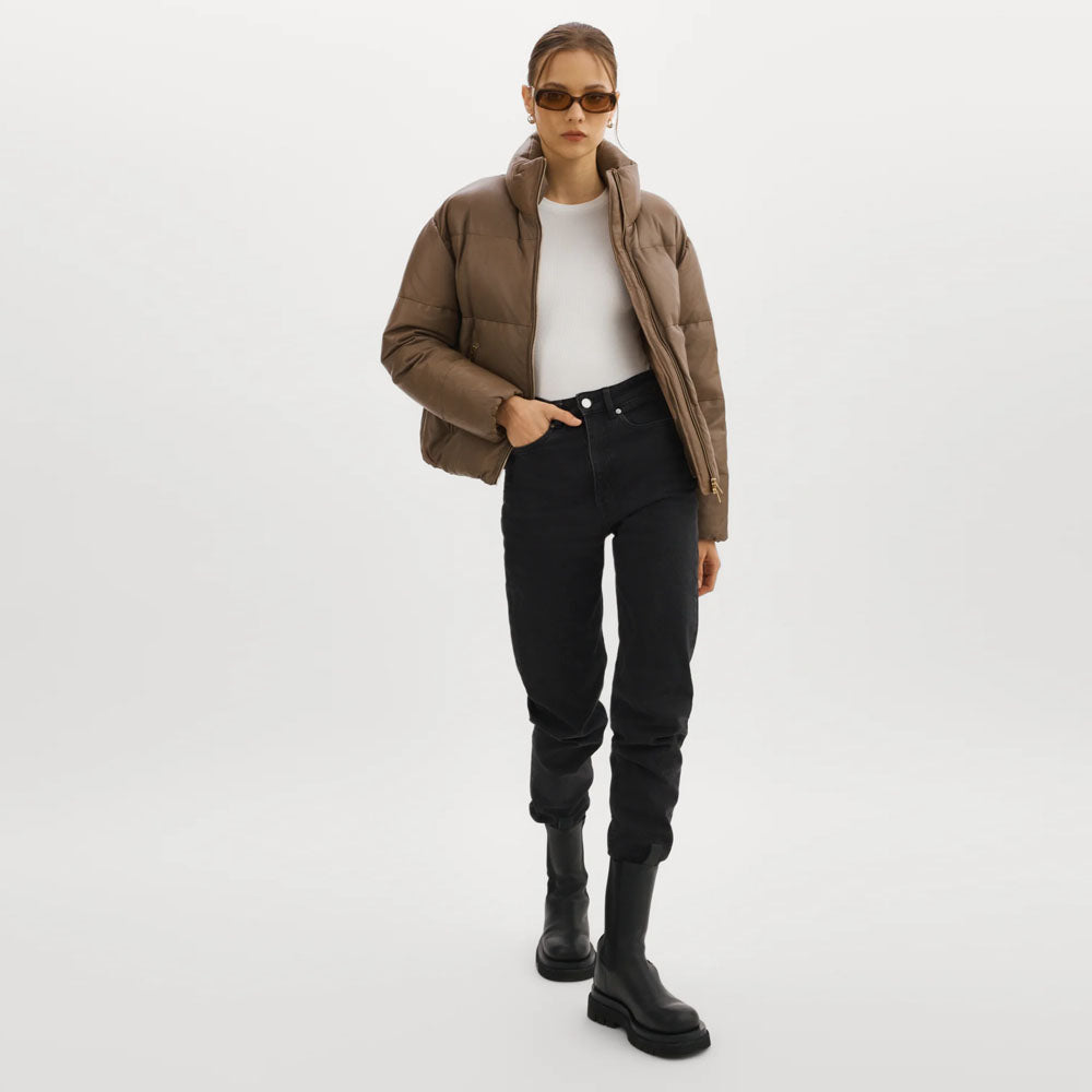 Women Brown Lambskin Puffer Bubble Leather V-Bomber Jacket