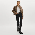 Women Brown Lambskin Puffer Bubble Leather V-Bomber Jacket