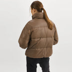 Women Brown Lambskin Puffer Bubble Leather V-Bomber Jacket