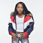 Women Faux Fur Hood Multi Colored V-Bomber Leather Jacket