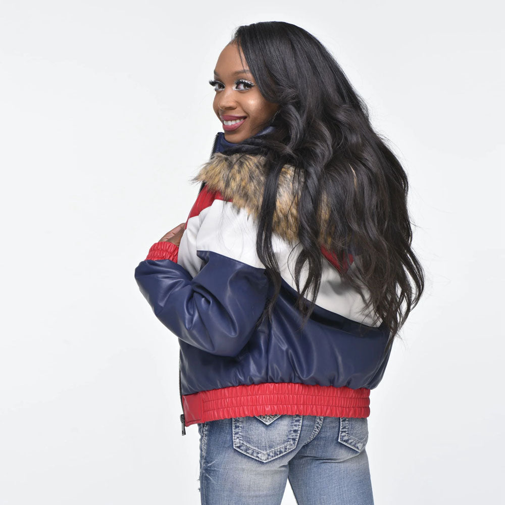 Women Faux Fur Hood Multi Colored V-Bomber Leather Jacket