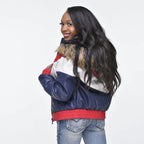 Women Faux Fur Hood Multi Colored V-Bomber Leather Jacket