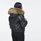 Women Black V-Bomber Faux Fur Hood Leather Jacket