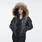 Women Black V-Bomber Faux Fur Hood Leather Jacket