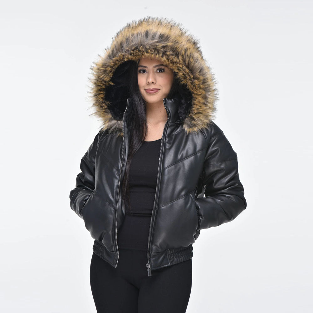 Women Black V-Bomber Faux Fur Hood Leather Jacket