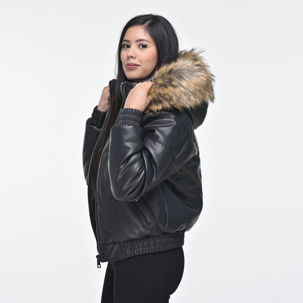 Women Black V-Bomber Faux Fur Hood Leather Jacket