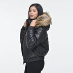 Women Black V-Bomber Faux Fur Hood Leather Jacket