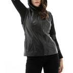 New Women Black Leather Vest With Fashionable Hooded