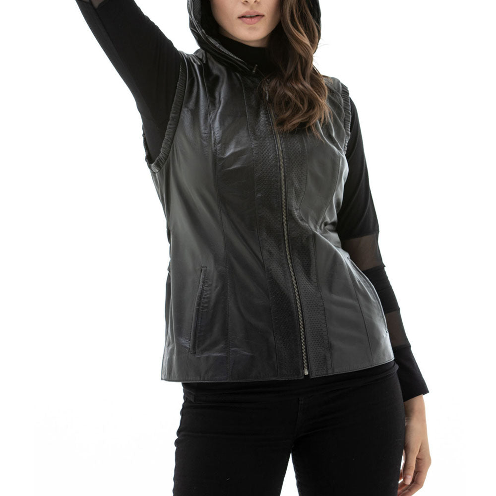 New Women Black Leather Vest With Fashionable Hooded