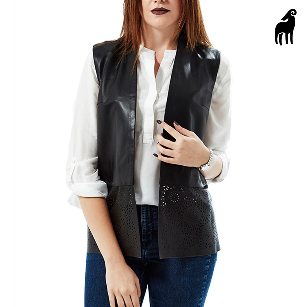 New Women Black Biker Embroidered Leather Vest
