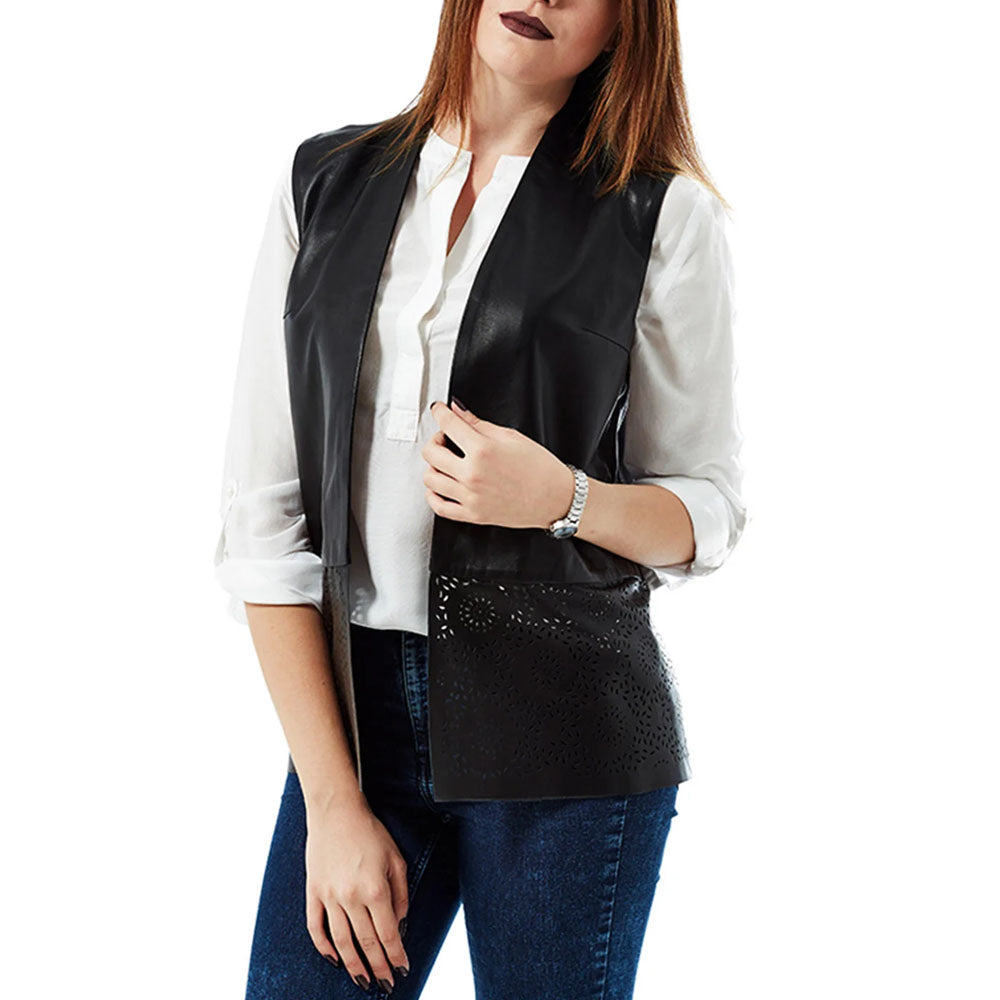 New Women Black Biker Embroidered Leather Vest