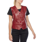 Women Red Biker Western Genuine Leather Vest