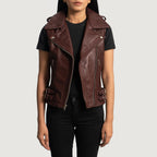 New Women's Maroon Biker Lambskin Leather Vest