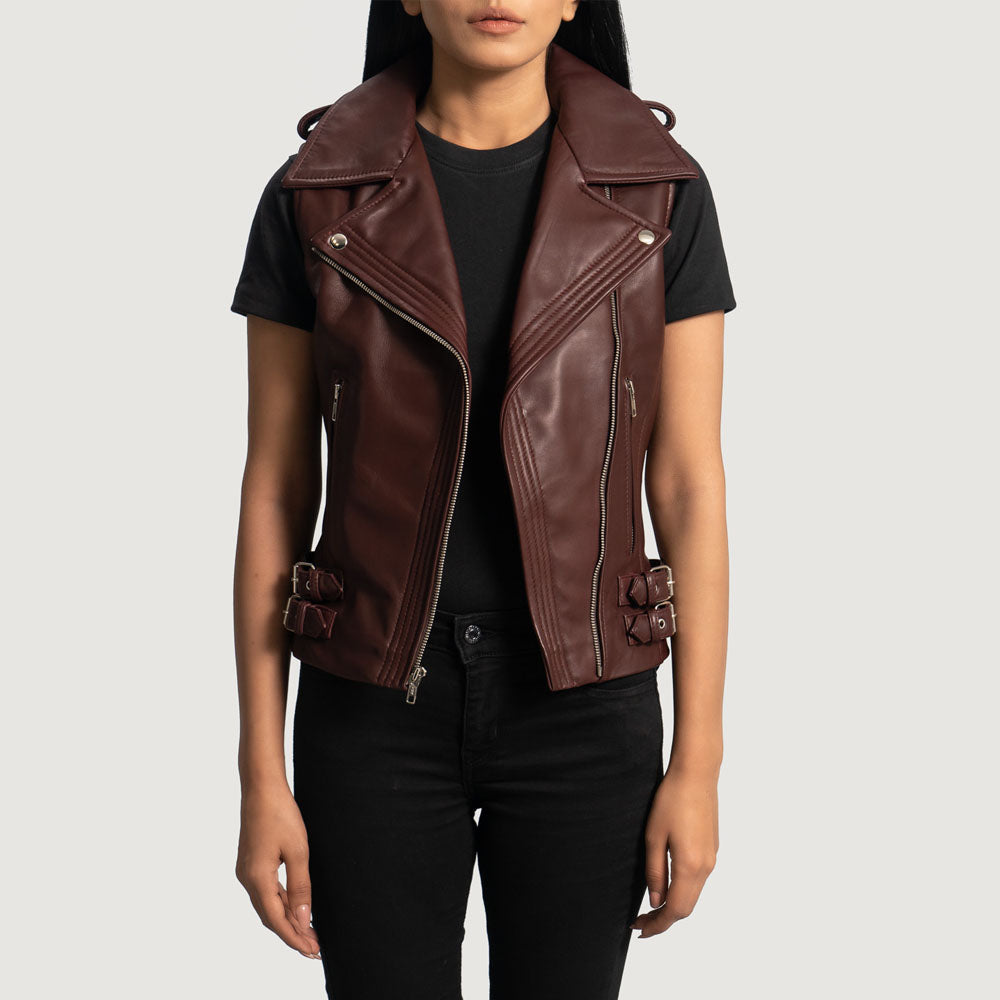 New Women's Maroon Biker Lambskin Leather Vest