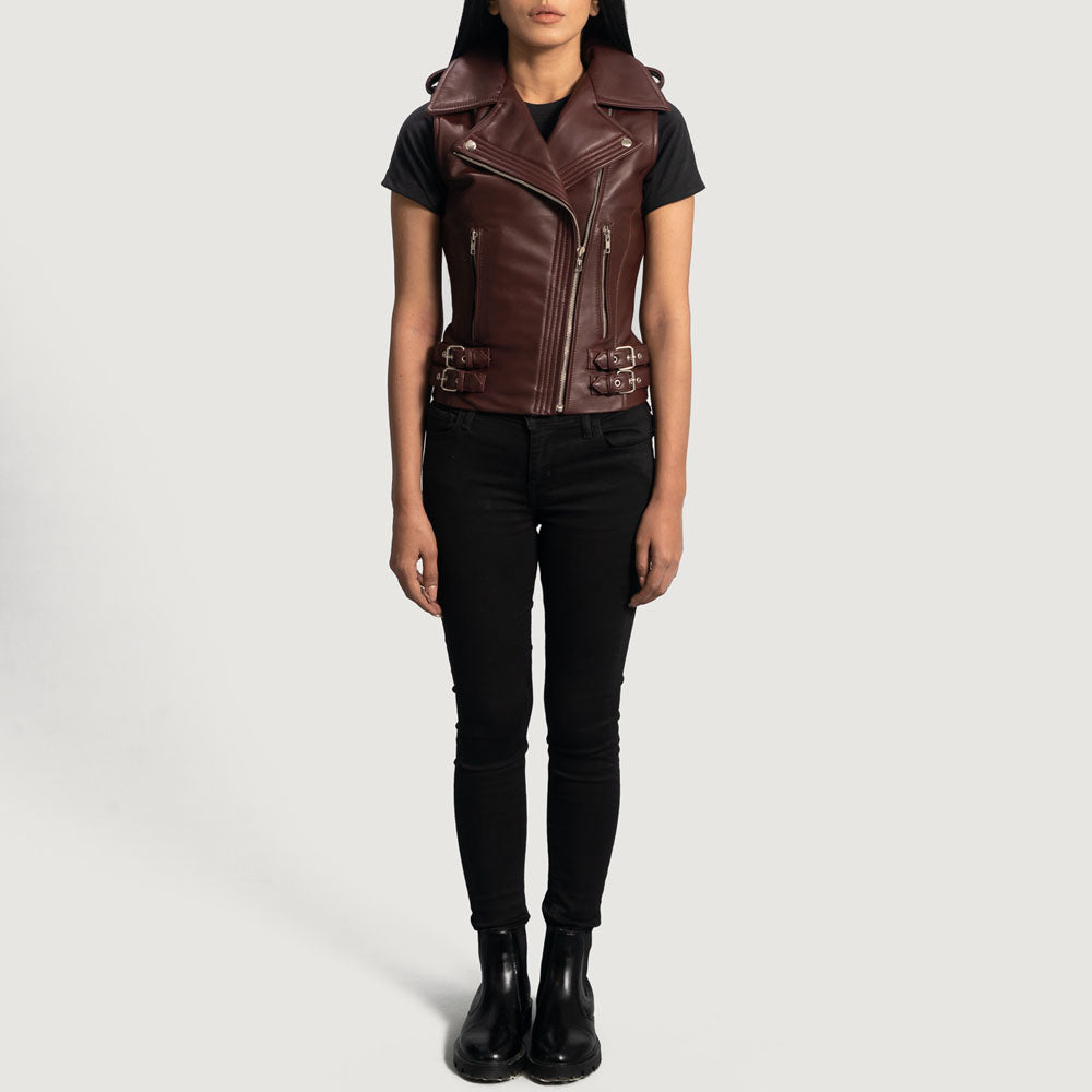 New Women's Maroon Biker Lambskin Leather Vest