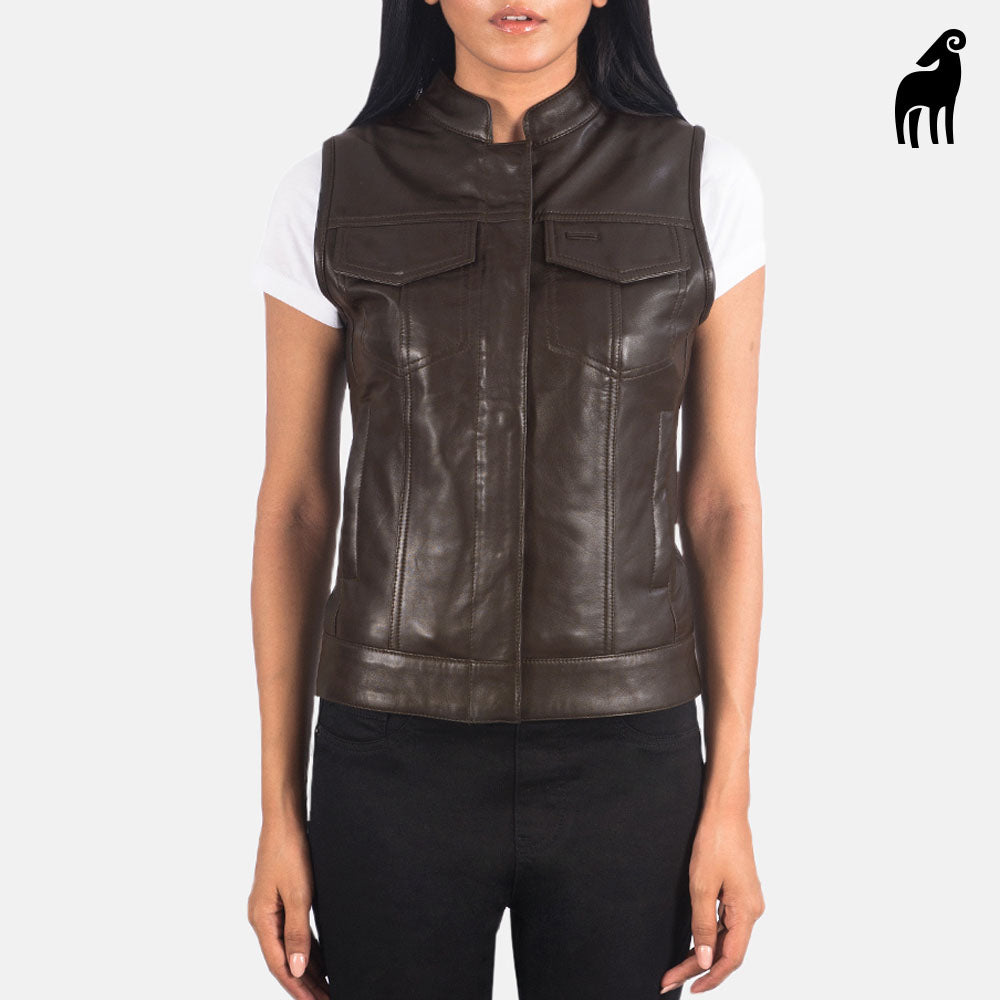 New Women Dark Brown Pocket Style Leather Western Vest