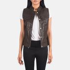 New Women Dark Brown Pocket Style Leather Western Vest