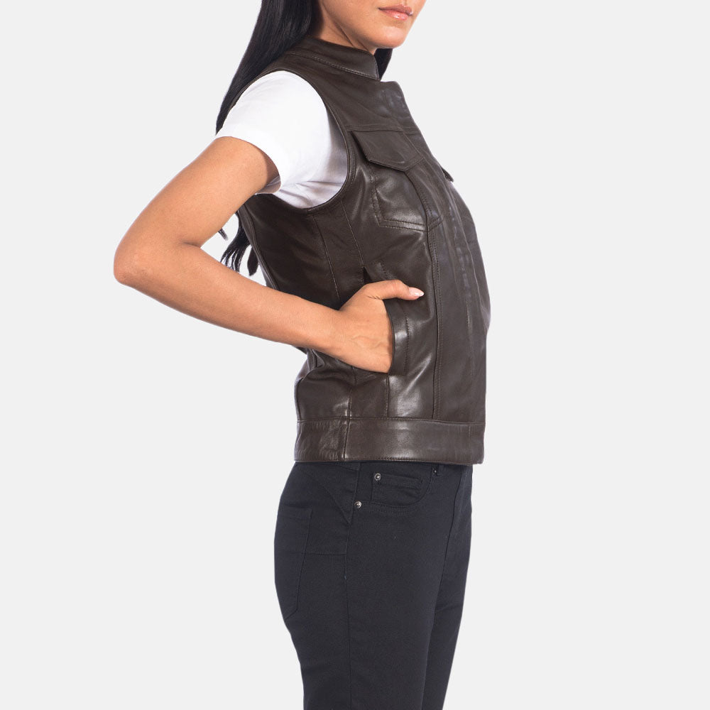 New Women Dark Brown Pocket Style Leather Western Vest