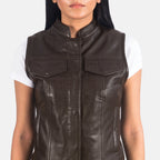 New Women Dark Brown Pocket Style Leather Western Vest