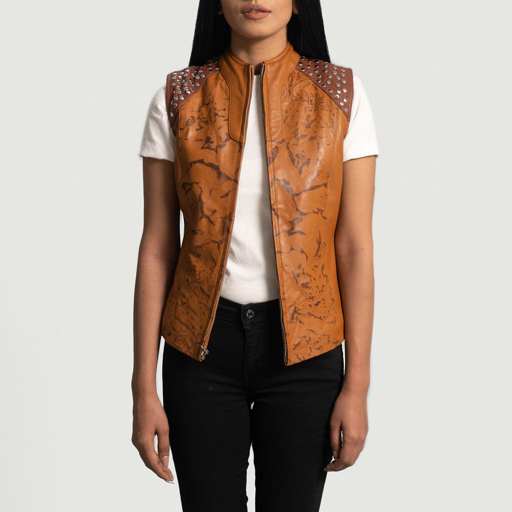 New Women Brown Lambskin Biker Leather Vest