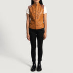 New Women Brown Lambskin Biker Leather Vest