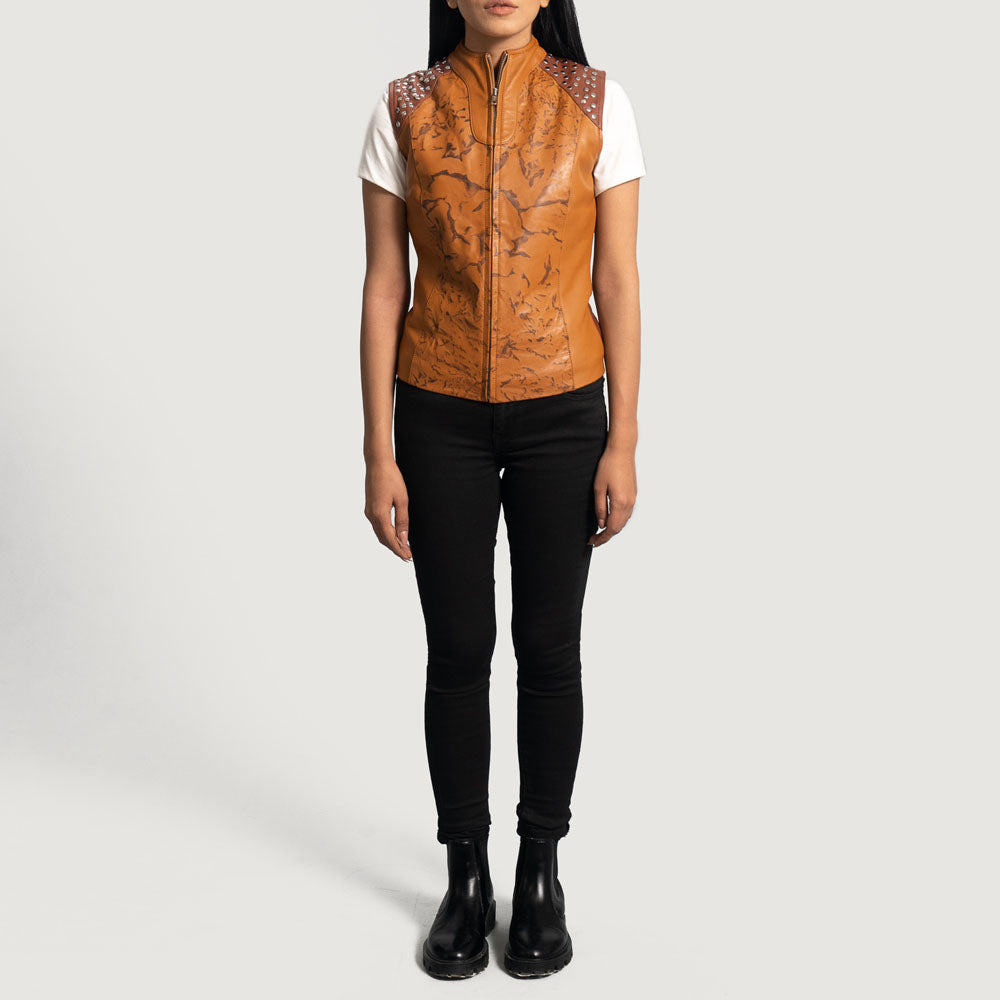 New Women Brown Lambskin Biker Leather Vest