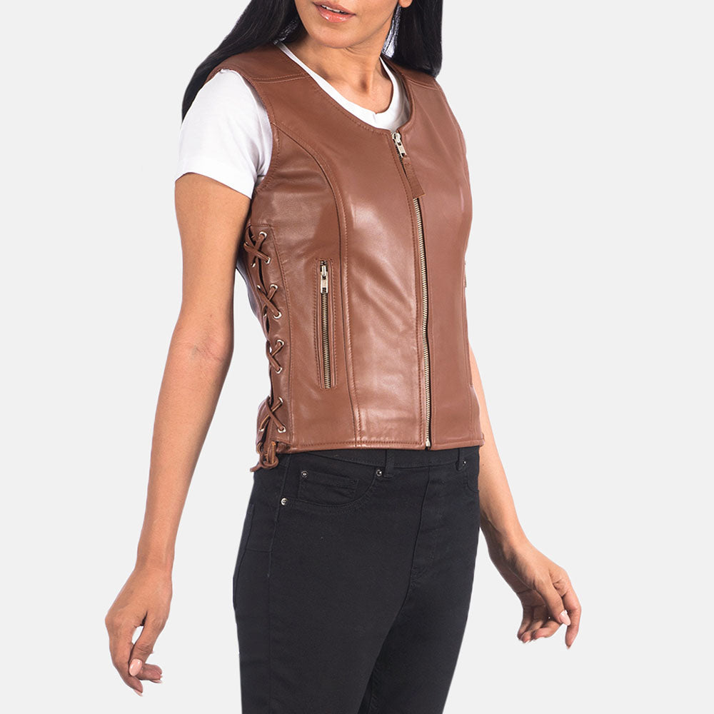 New Women Brown Side Lace Moto Leather Vest