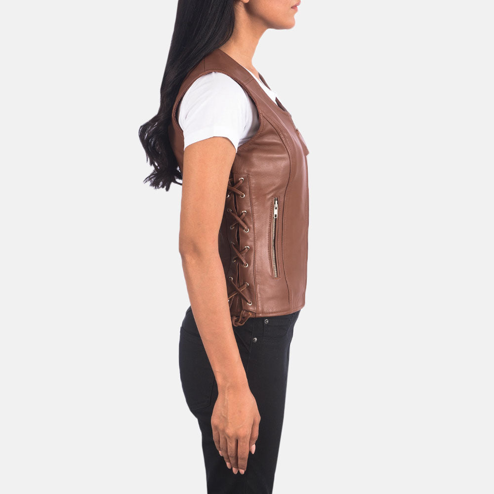 New Women Brown Side Lace Moto Leather Vest