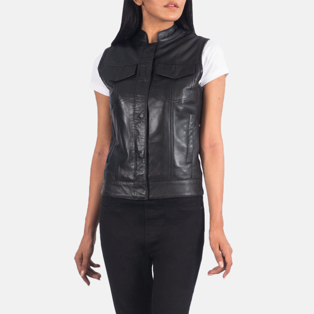 Women's black Lambskin Moto Leather Vest