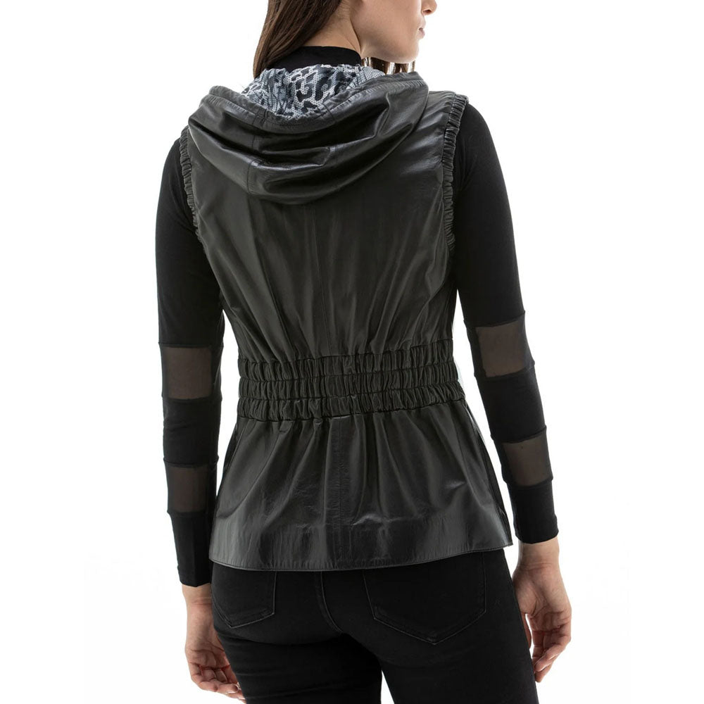 New Women Black Leather Vest With Fashionable Hooded