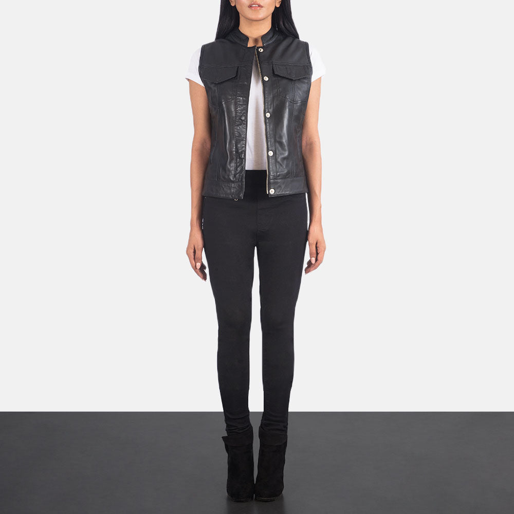 Women's black Lambskin Moto Leather Vest
