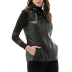 New Women Black Leather Vest With Fashionable Hooded