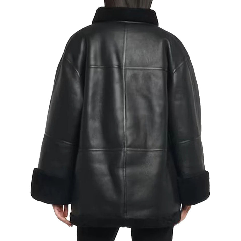 New Black Shearling B3 Bomber Sheepskin Leather Coat For Women