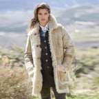 Women Cream Shearling Aviator Sheepskin Leather Long Coat