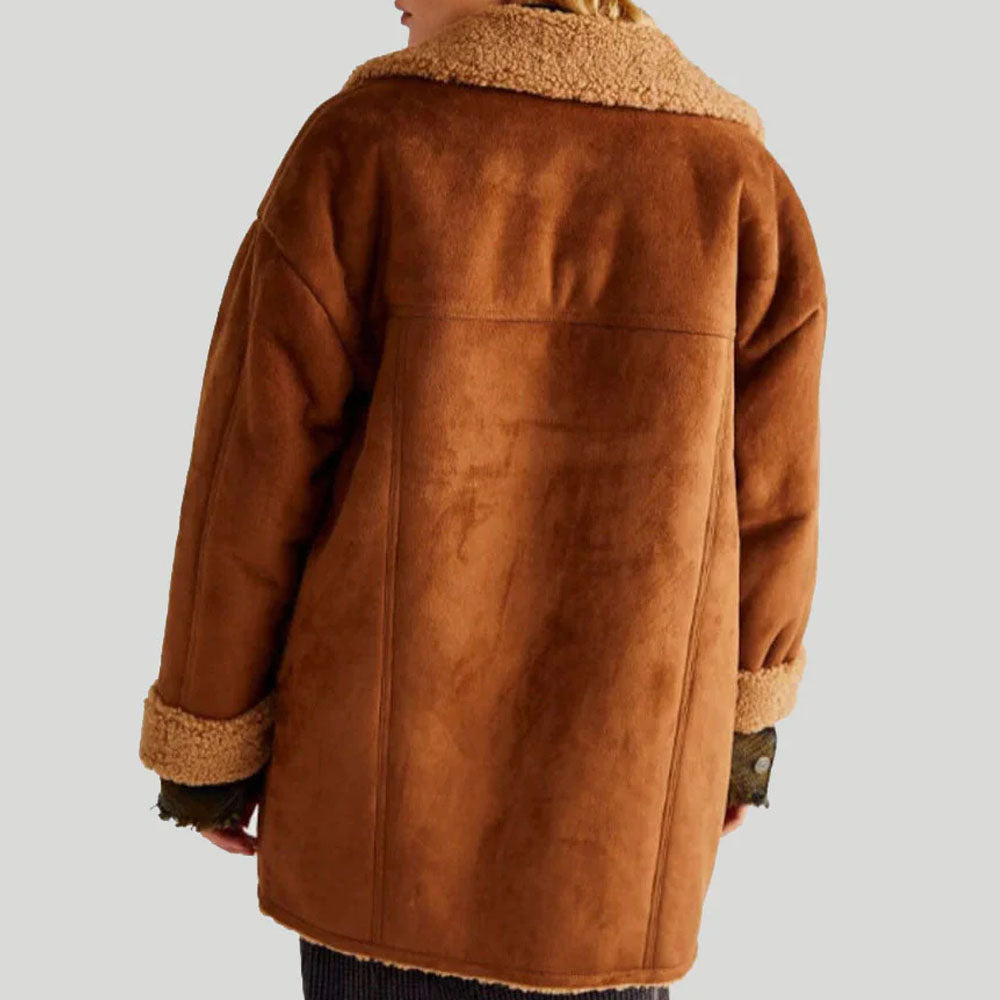 New Brown Suede Aviator Shearling Flight Leather Fur Coat
