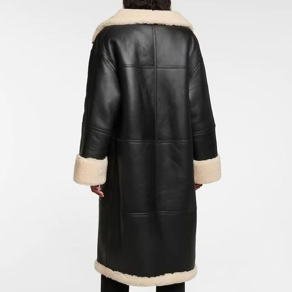 New Black Shearling Leather Sheepskin Long Coat For Women