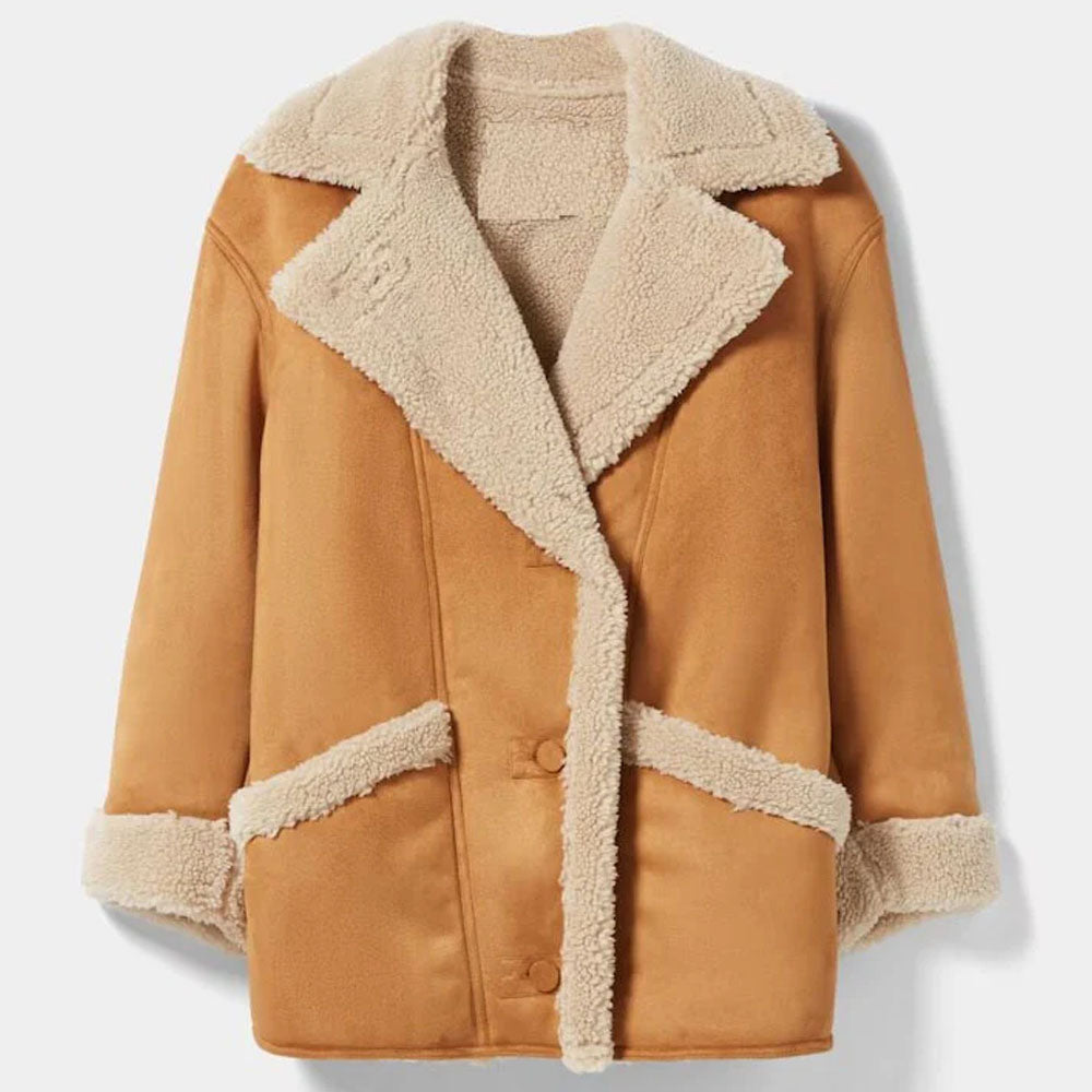 New Brown Women Aviator B3 Suede Leather RAF Shearling Coat