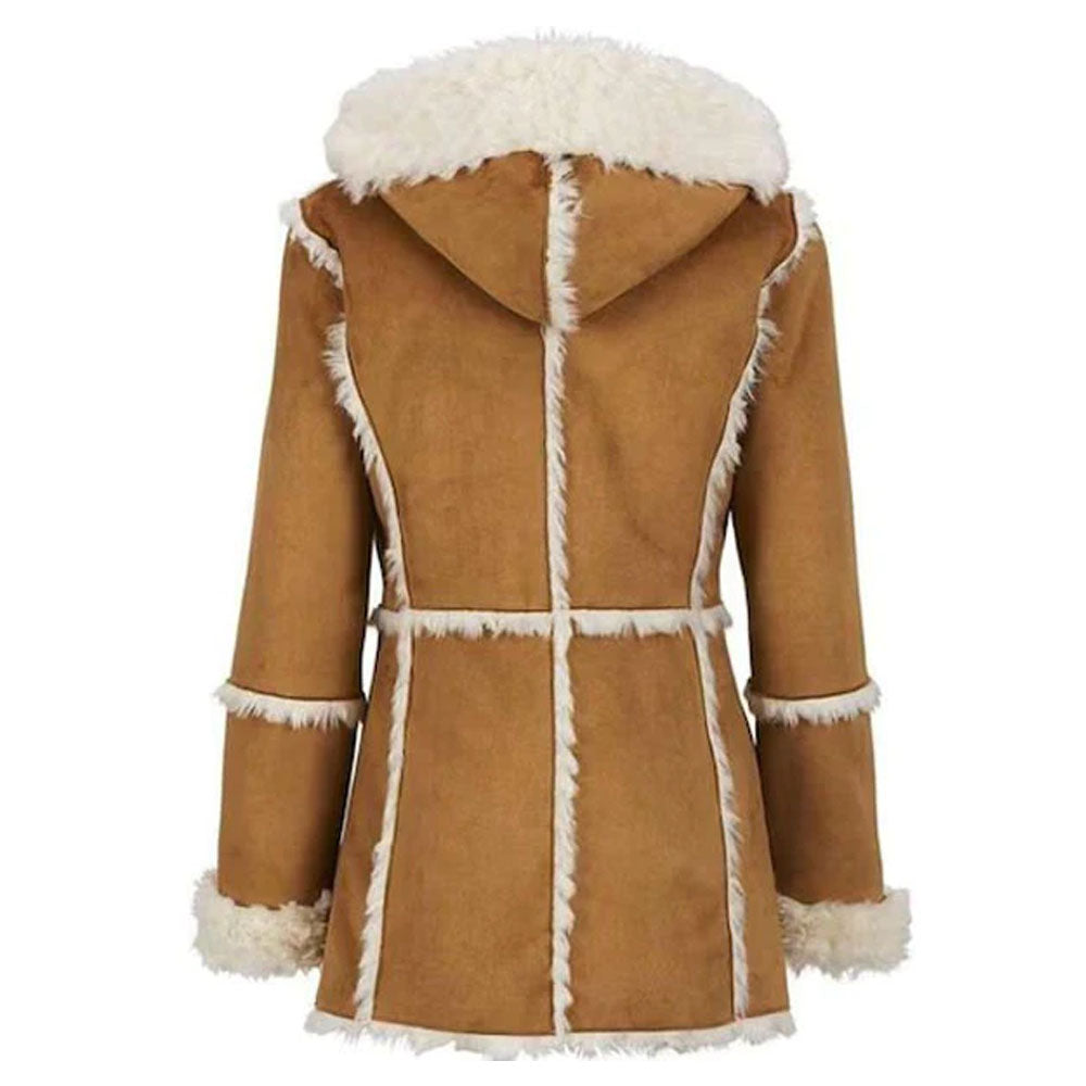 Brown Suede Leather Shearling Fur Coat For Women
