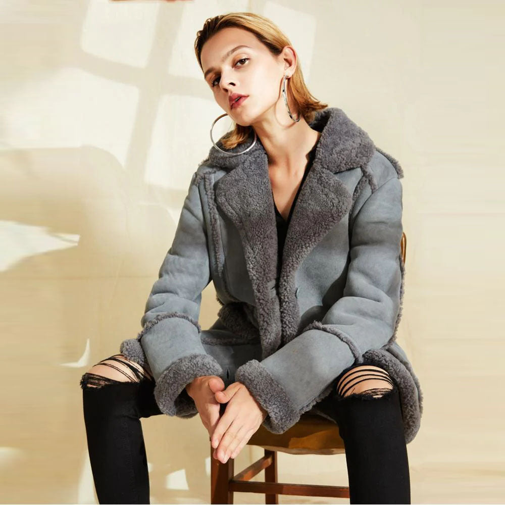 New Gray Women Sheepskin Long Shearling Suede Leather Coat