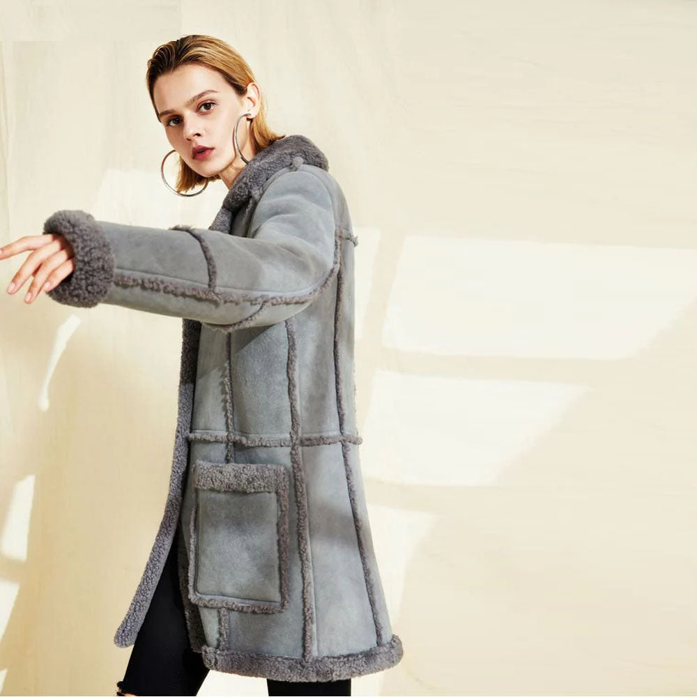 New Gray Women Sheepskin Long Shearling Suede Leather Coat